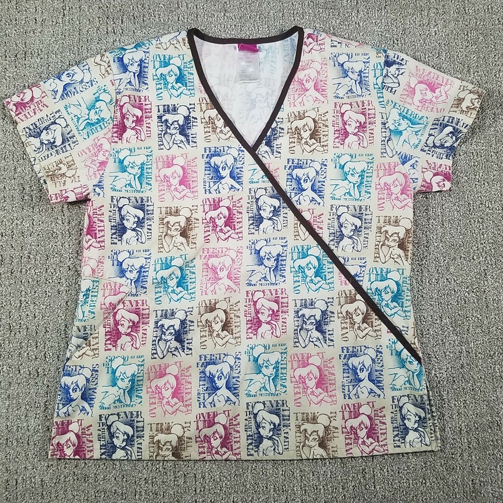 Disney Scrub Top Womens XS Tinkerbell Mock Wrap TB38A500 Multicolor Pop Art